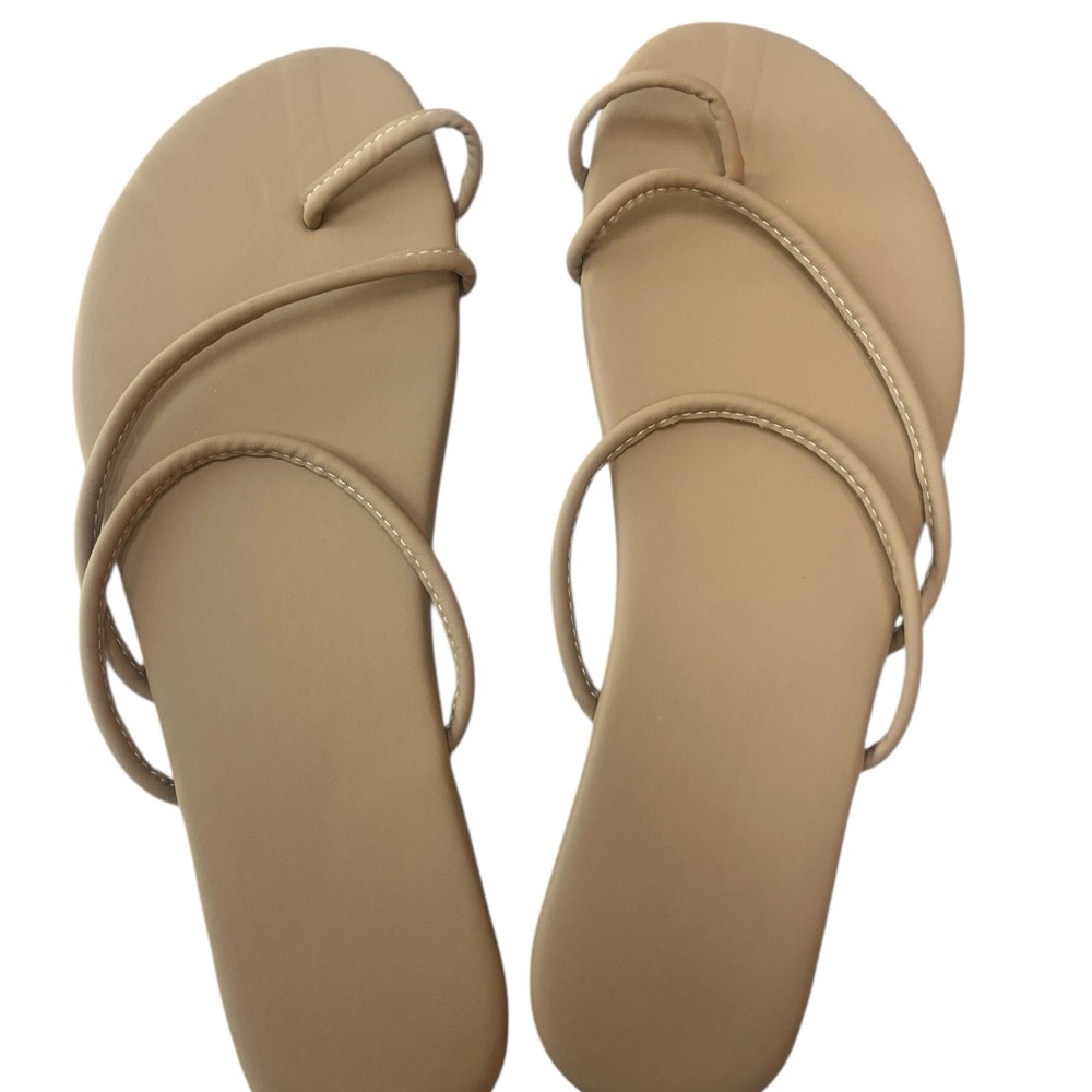 Women’s Tan Toe Ring Flat Sandals – Size 9 Minimalist 90s-Inspired Asymmetrical